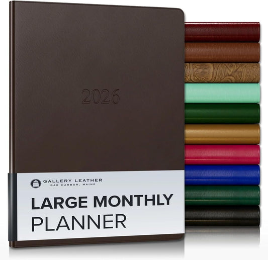 Gallery Leather Large Monthly Planner 2025-2026, Elegantly Bound Calendar Planner and Notebook with Stylish Gold-Gilded Page Edges, 18 Months - Freeport Mocha - 9.75x7.5"
