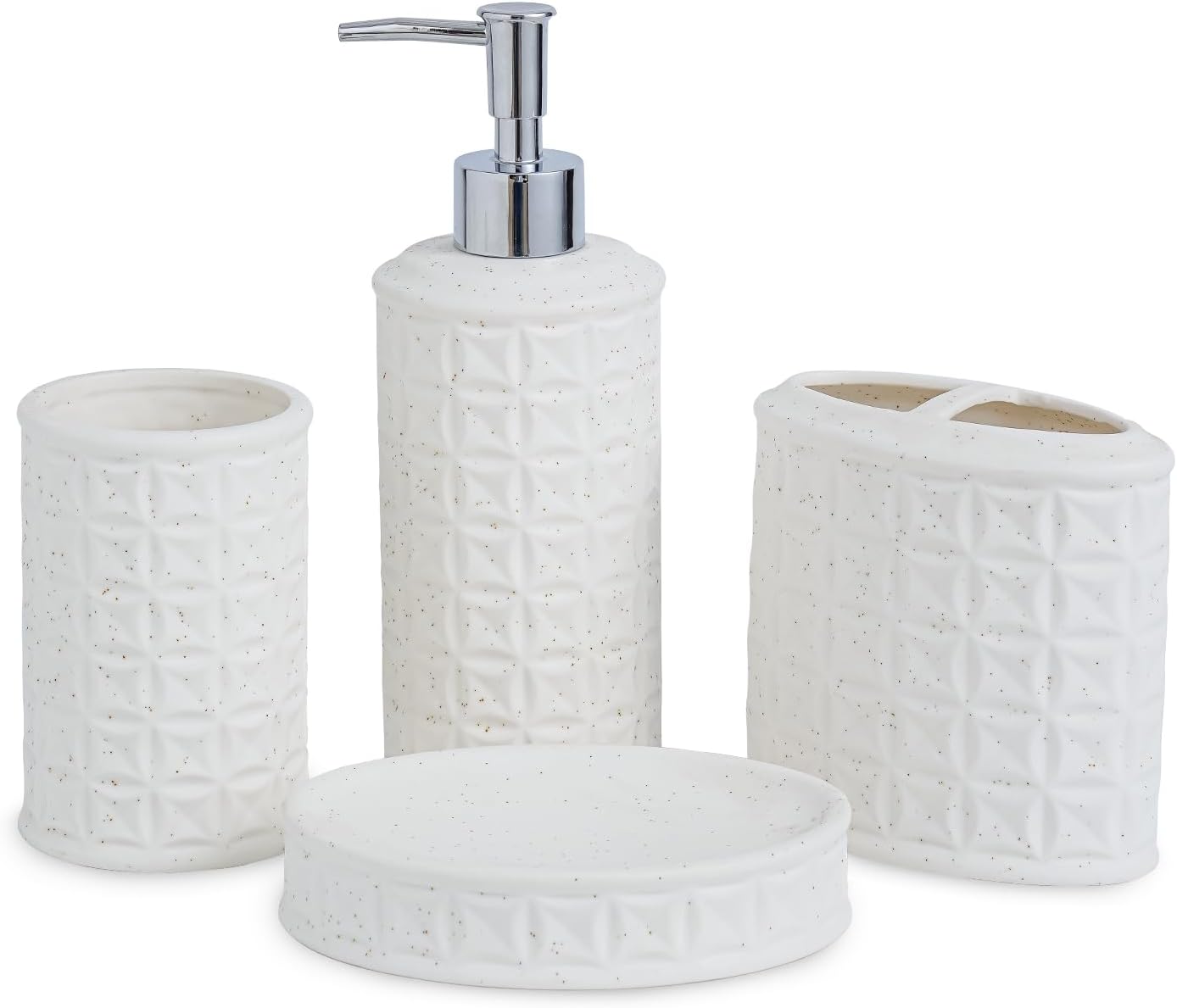 4-Piece Bathroom Accessory Set - White Bathroom Decor for Counter Organization with Soap Dispenser, Toothbrush Holder, Tumbler & Soap Dish, Bathroom Counter Set (Ceramic - Sliver Pump)