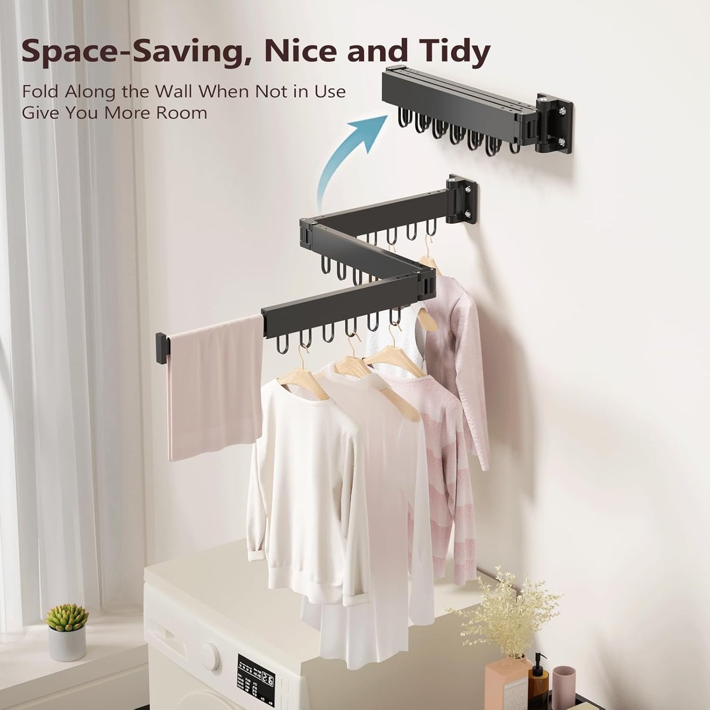 JAUREE Clothes Drying Rack Wall Mounted, Laundry Drying Rack Collapsible, Space Saving Wall Drying Rack Clothing Foldable, Tri-Fold Retractable Rack Outdoor Indoor with 18 Hooks, Black