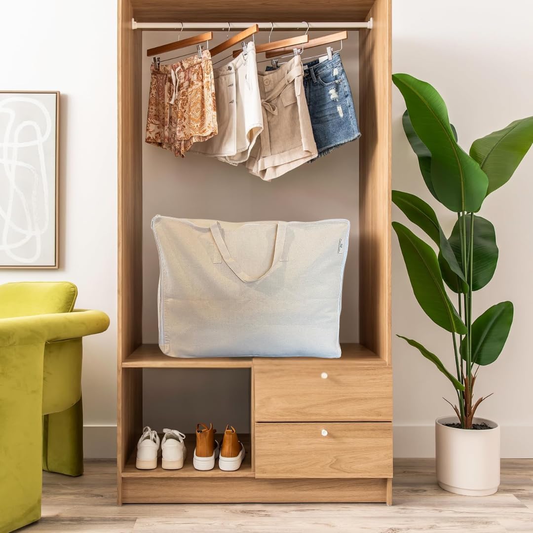 Storage Bag with Handles for Beddings, Comforters, Blankets, Pillows, Linens and Garments -Underbed/WardrobeThick Soft Breathable Closet Organizer Bag (X-Large (24"X15"X12"), Off-white)