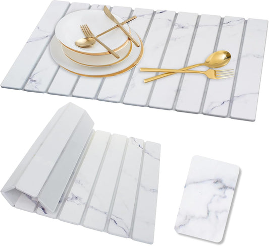 Stone Dish Drying Mat for Kitchen Counter, 24×16" Diatomaceous Earth Drying Stone Mat, Foldable Quick Dry Kitchen Stone Mat for Countertops, Bathroom, Sink & Home Decor, Marble