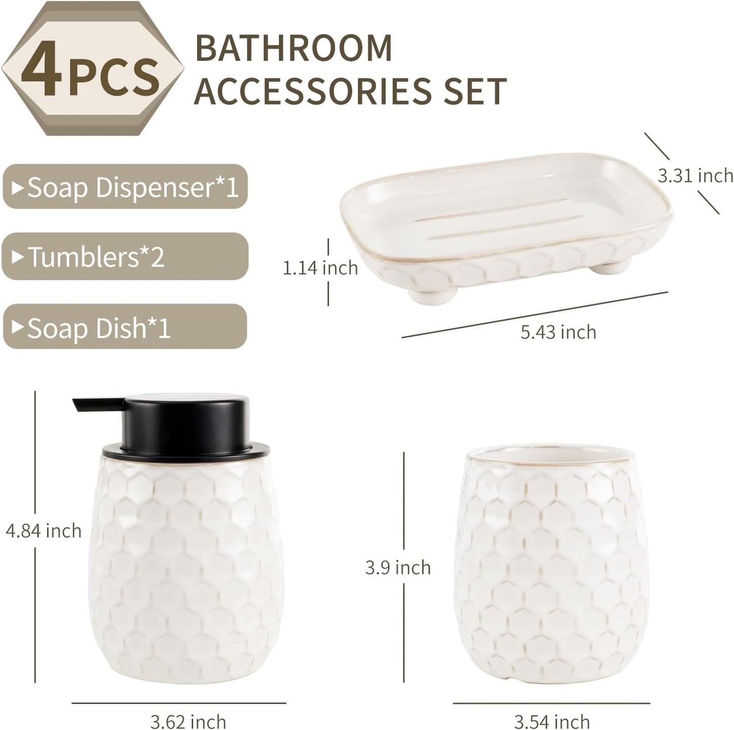 Bathroom Accessory Set 4PCS, Ceramic Bathroom Accessories Set, Bathroom Accessories Sets Complete, White Honeycomb Design, Home Apartment Modern Bath Decor Vanity Countertop, ANTIS'S HOME