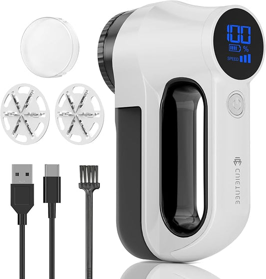 Rechargeable Fabric Shaver | 3-Speed Electric Lint Remover | 6 Blades High Eliminates Fuzz & Pilling | with LED Display & Type-C Fast Charging Port | Lint Shaver for Clothes & Furniture - White