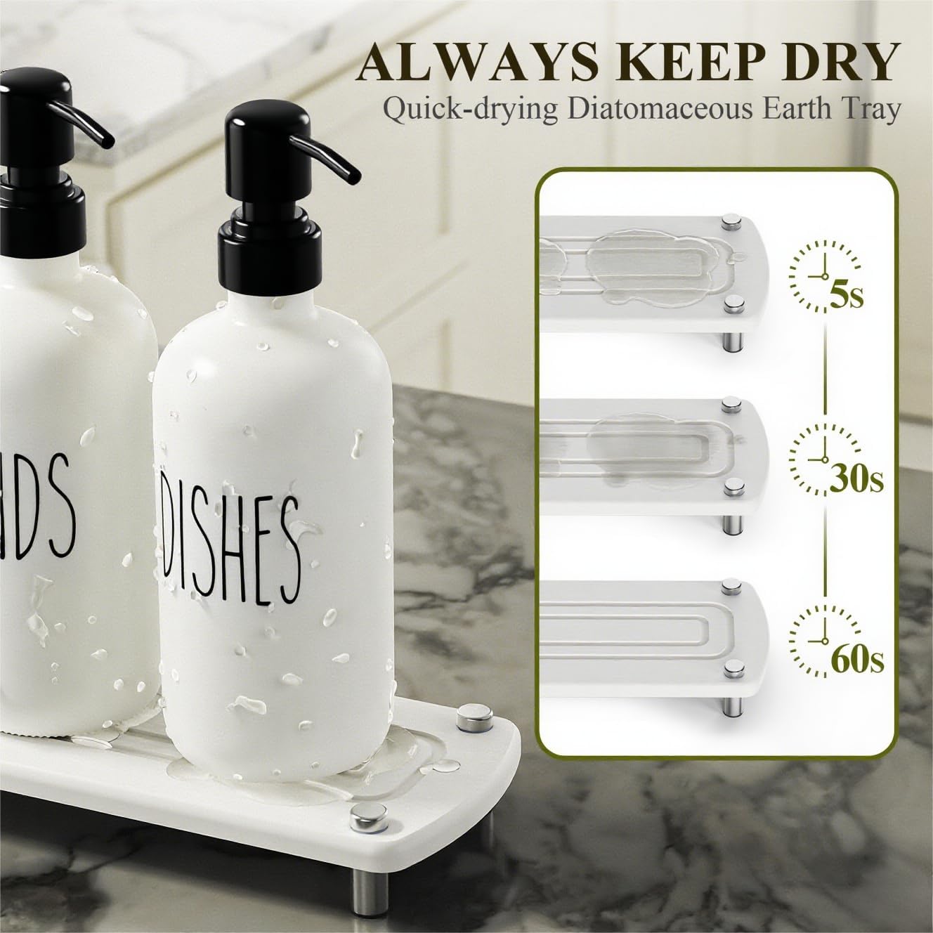 Cisily Kitchen Soap Dispenser Set Comes with Ceramics Sponge Holder, Gold Pumps, and Instant Dry Tray (White&Black, 4 Pack)