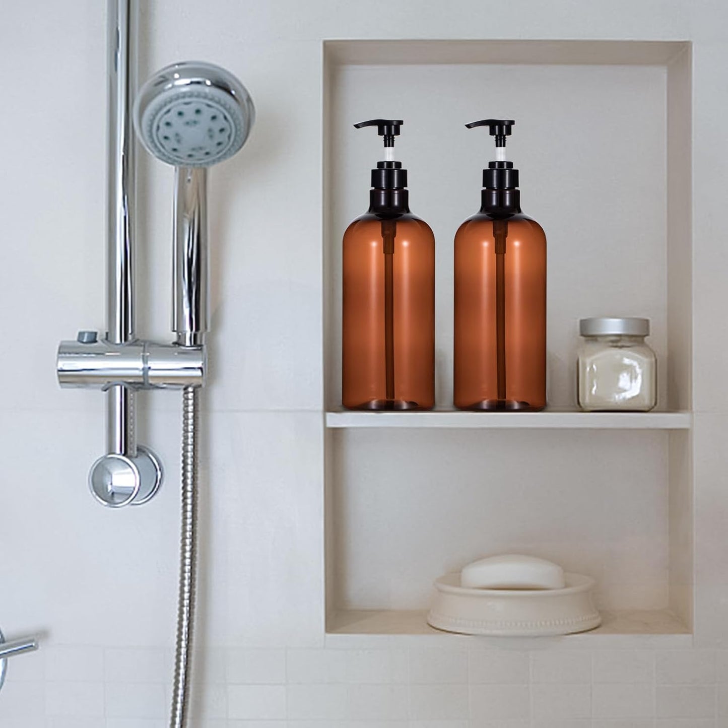 Yebeauty Pump Bottle Dispenser, 33.8oz 1000ml Plastic Shampoo Pump Bottles Shower Soap Dispenser Empty Refillable Containers for Conditioner Body Wash, Bathroom Kitchen, 2 Pack Amber