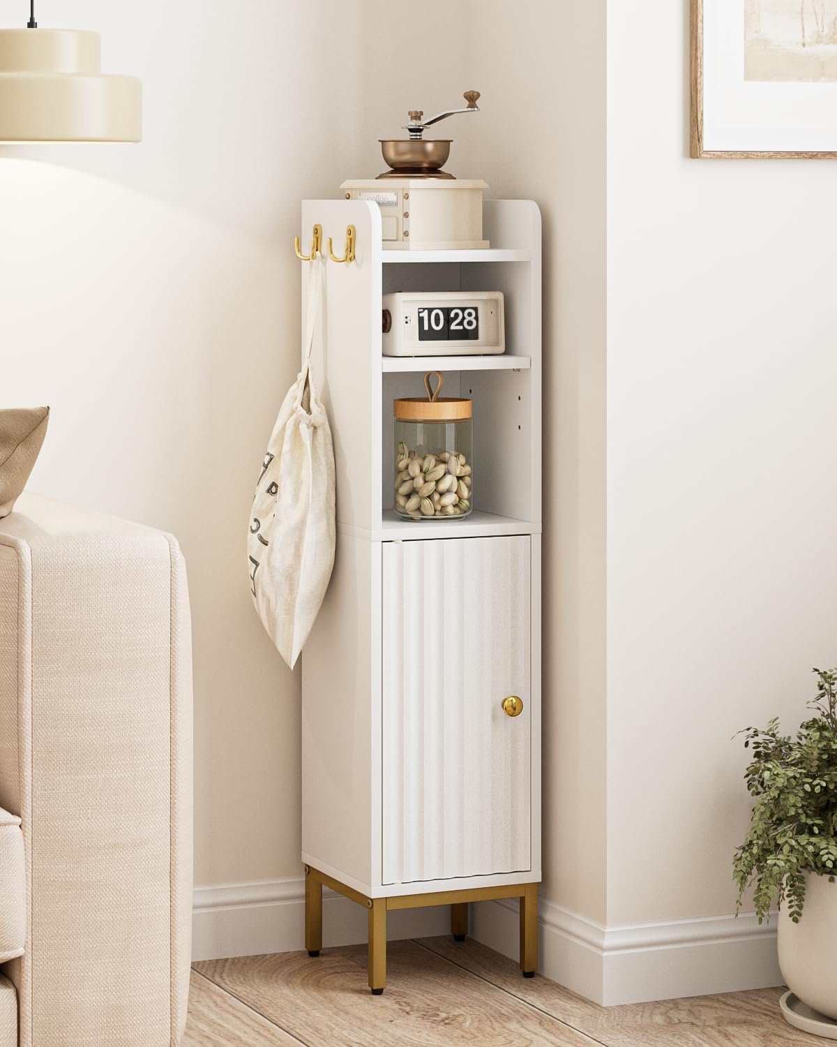 Bathroom Storage Cabinet, Small Corner Floor Hutch with Door and Shelves, Narrow Toilet Paper Cabinet, Bathroom Organizer with 2-Tier Adjustable Shelf for Small Spaces,White