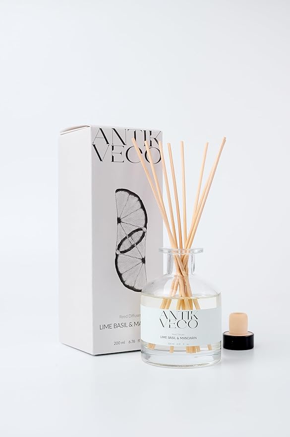 Lime Basil & Mandarin Reed Diffuser – Citrus & Herbal Diffuser for Home 6.7 fl oz – 8 Rattan Sticks – Premium Aromatherapy Oil – Elegant Glass Bottle – 90 Day Long Lasting Diffuser Set