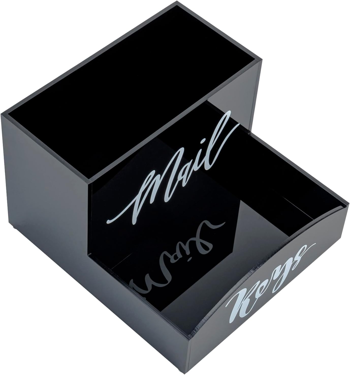 MyGift Modern Premium Black Acrylic Mail Holder and Key Organizer Entryway Storage Tray with Cursive MAIL and KEYS Word Design, Office, Dorm, Classroom Desktop Organizing Bin
