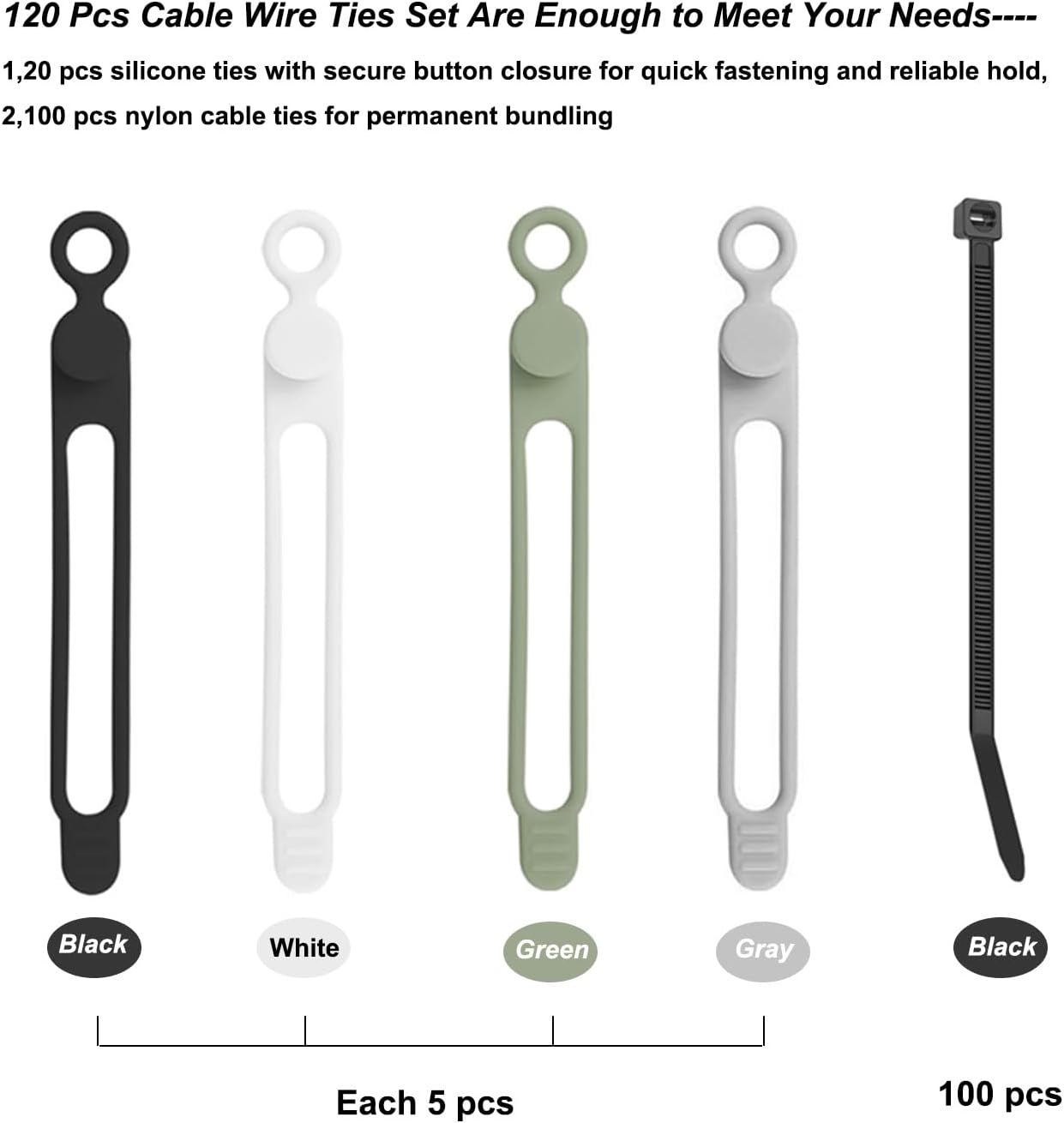 120 Pcs Cable Organizer Set, 20pcs Silicone Cable Ties Reusable & Nylon Cable Ties 100pcs, Multipurpose Elastic Cord Management Organizer for Charger, USB, Phone, Data Cables - Black White Green Grey