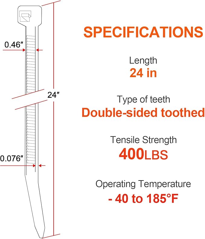 Long Zip Ties Heavy Duty 24 inch，400 LBS Tensile Strength With Double Sided Toothed Super Durable Cable Ties ，Extra Large Wire Ties Adjustable Nylon Tie Wraps for Indoor Outdoor （100 Pack White）
