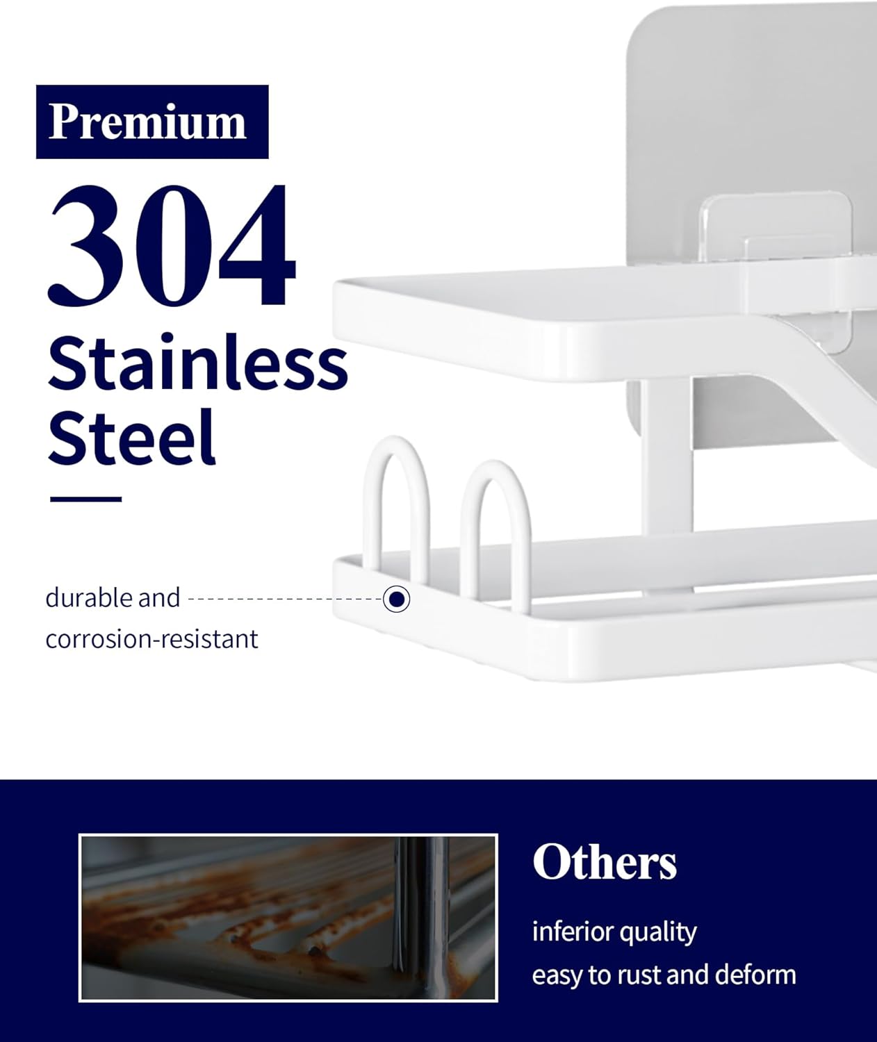 Kitsure Shower Caddy Extra Large - Adhesive Shower Organizer, Stainless Steel Shelf for Inside Shower, No Drill Bathroom Organizers and Storage, Home Decor Accessories, 2 Pack,White