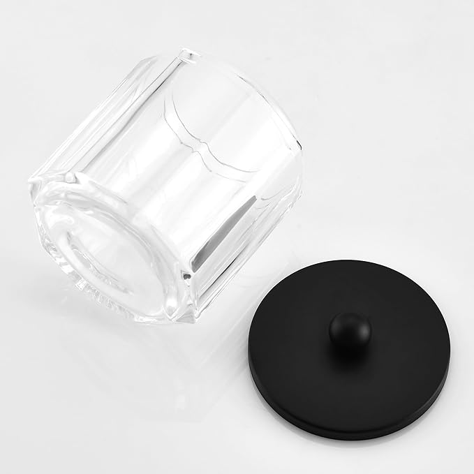 Clear Transparent Apothecary Octagional Shaped Glass Canister Jar With Matte Black Metal Lid Cover for Bathroom Organization, Cotton Balls, Q Tips, and Small Accessories, Bath Storage
