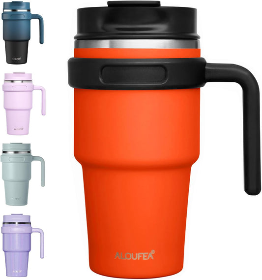 ALOUFEA 20 oz Insulated Coffee Mug Tumbler with Handle, Stainless Steel Travel Mug Tumbler with Lid and Straw,Double Wall Vacuum Leak Proof Ice Coffee Thermal Cup, Tangerine