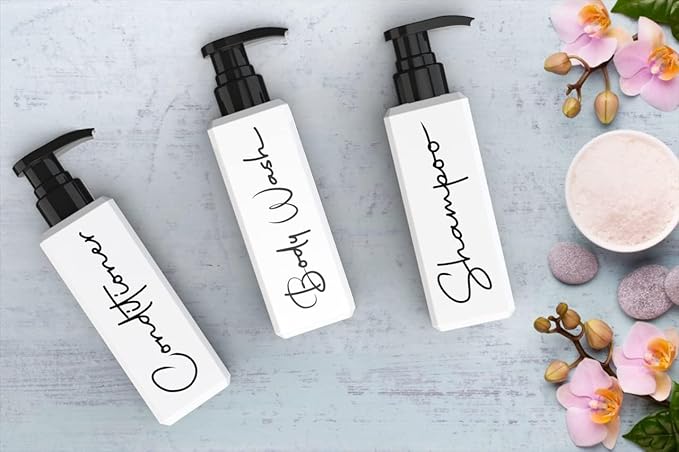 Luxury Spa-Inspired Shampoo and Conditioner Dispenser Set – 3 Refillable Pump Bottles for Shower Wall – Printed Shampoo, Conditioner & Body Wash