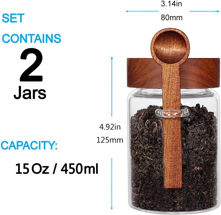 SAIOOL Sugar Jar with Lid and Spoon Set of 2, 16 OZ Tea Canisters for Loose Tea Jars with Screw Mouth, Coffee Container for Ground, Retro Style Truly Airtight