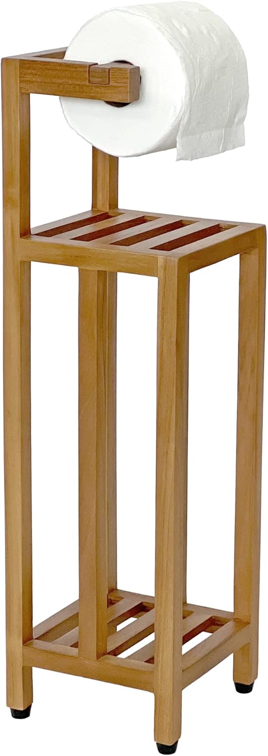 Solid Teak Toilet Paper Holder Stand with Shelf, Freestanding Bathroom Toilet Paper Roll Holder with Reserve, Standing Toilet Paper Holder with Storage, Fully Assembled, SpaTeak Collection, TB-702