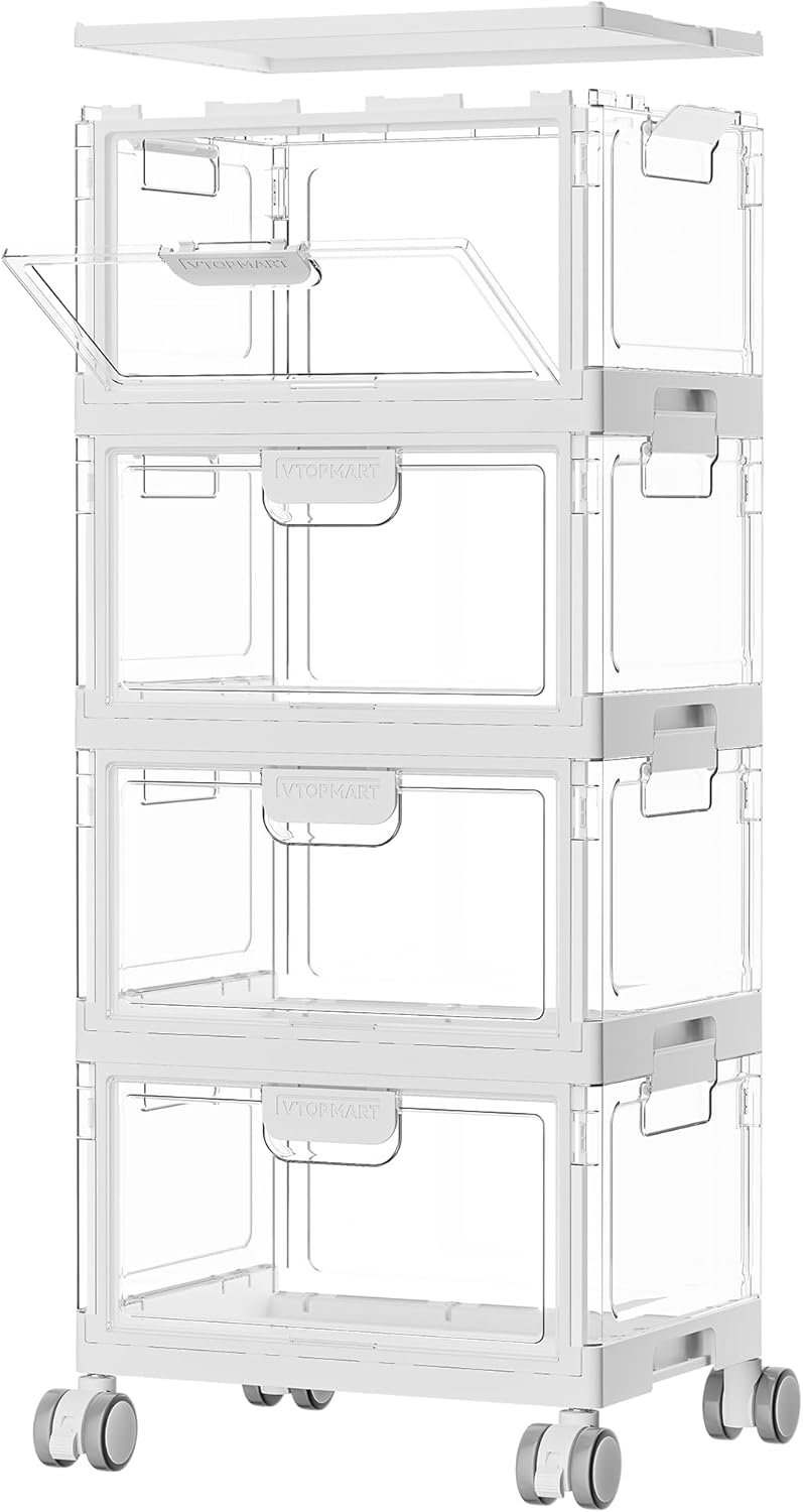 Vtopmart 4 Tier Plastic Storage Bins with Lid 24QT,Clear Stackable Closet Organizers and Storage with Wheels,Foldable Plastic Organizer Bins for Bathroom,Living Room,Bedroom,Craft Room, Office,Dorm