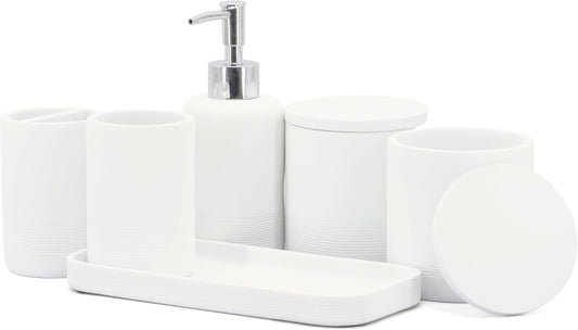 ZCCZ White Bathroom Accessories Set 6 Pieces - Toothbrush Holder, Lotion Dispenser, Qtip Container, Vanity Tray, Tumbler - Countertop Organizer for Bathrooms - Elegant and Functional Décor Set