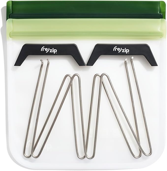(re) zip Reusable Bag Drying Rack and Organizer | Includes 2 Reusable Leakproof Flat Lunch Bags | Wide Prongs for Drying, Vertical Storage for Easy Access | Disassembles for Effortless Storage