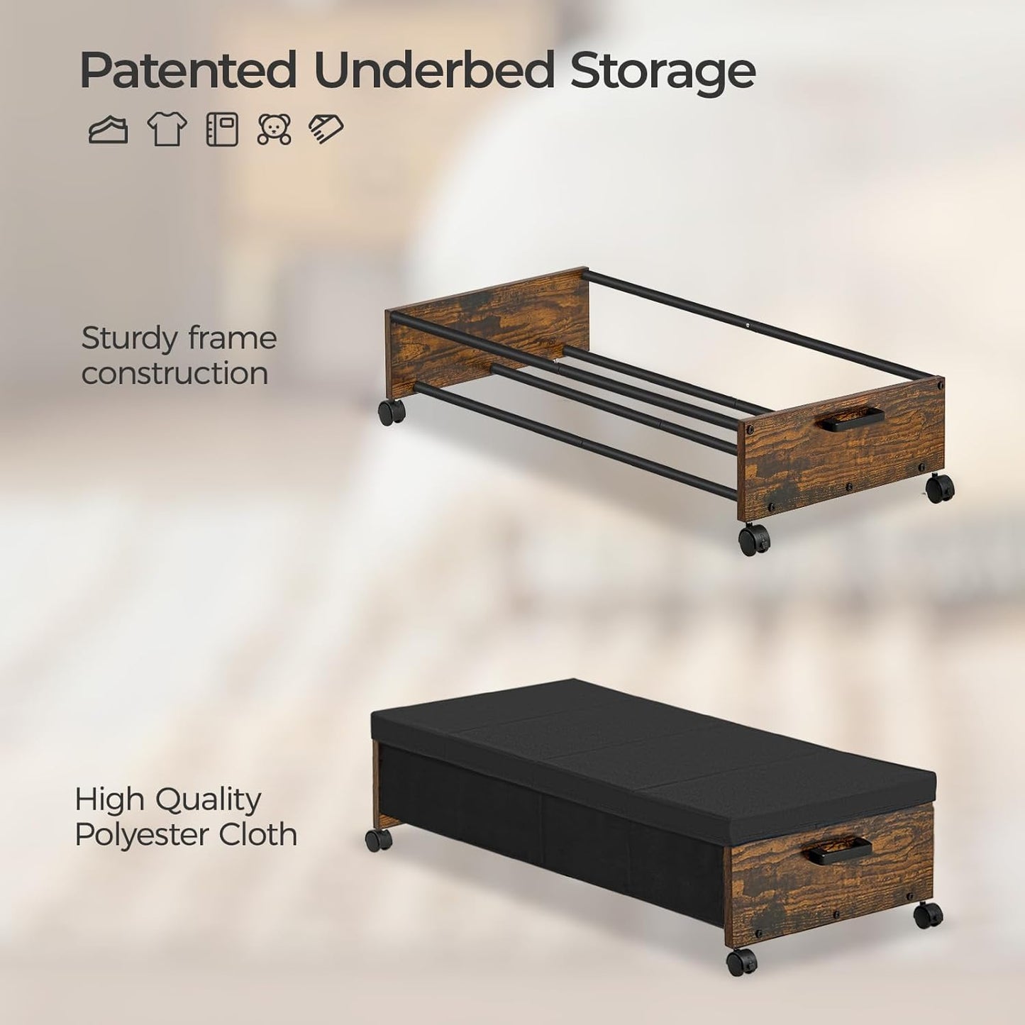 Under Bed Storage with Wheels, Under Bed Drawers On Wheels, Under Bed Shoe Organizer Organizer, Rolling Under Bed Storage for Shoe Blanket, with Metal Frame, Patented Design