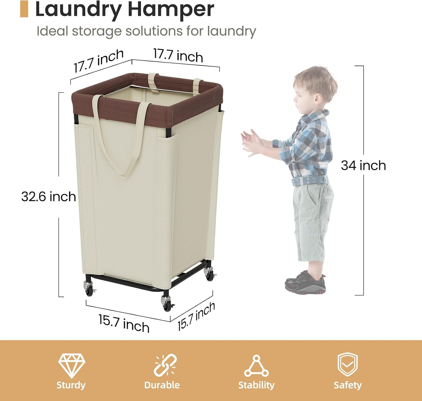Laundry Basket with Wheels, Laundry Hamper with Removable Bag and Steel Frame, 160L Rolling Dirty Clothes Basket for Bedroom, Bathroom, Laundry Room (White-Brown)