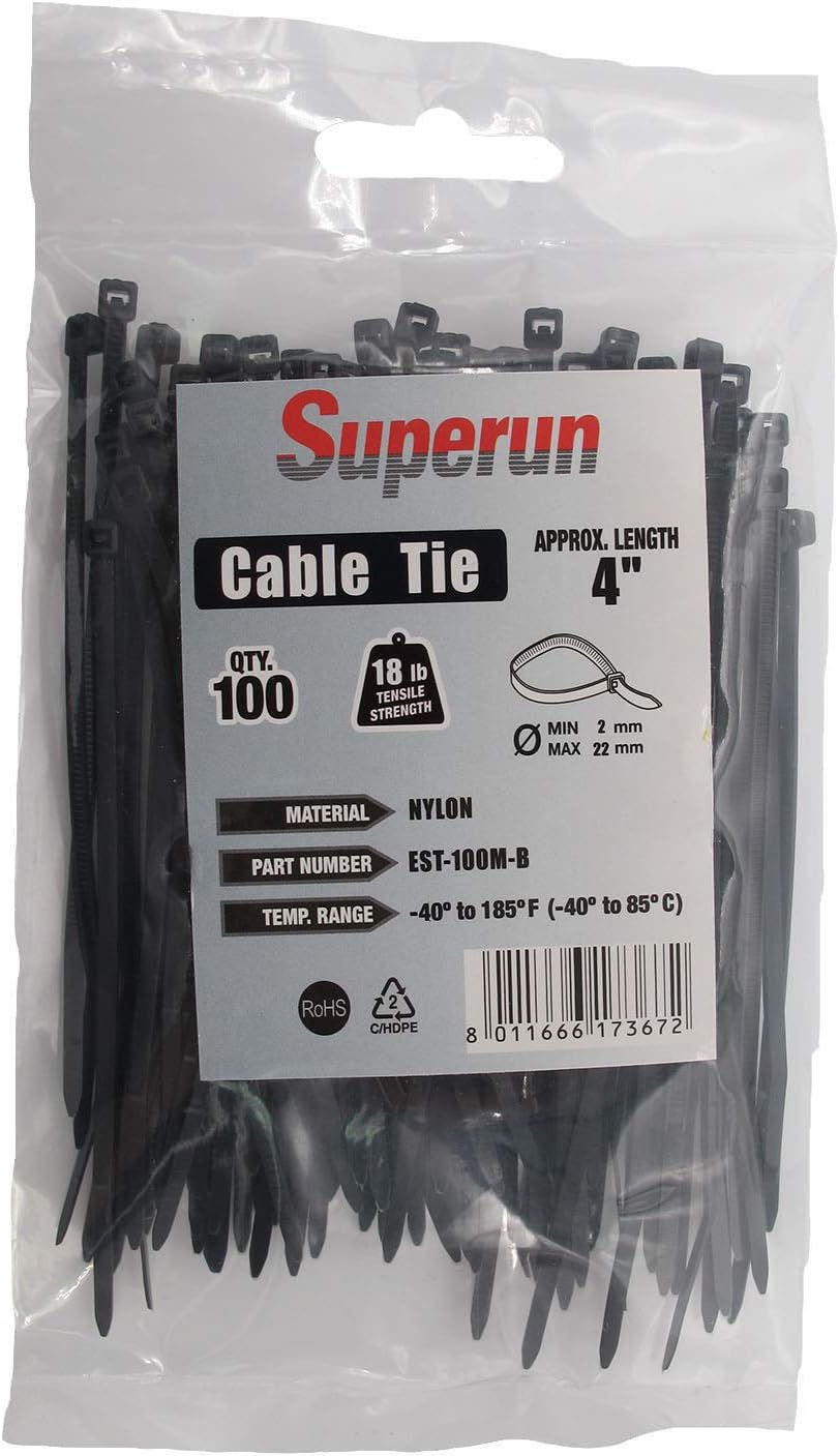 Superun Black Zip Ties 4 Inch, 18 Lbs Tensile Strength Wire Ties (Industrial Grade Cable Ties) Pack of 100