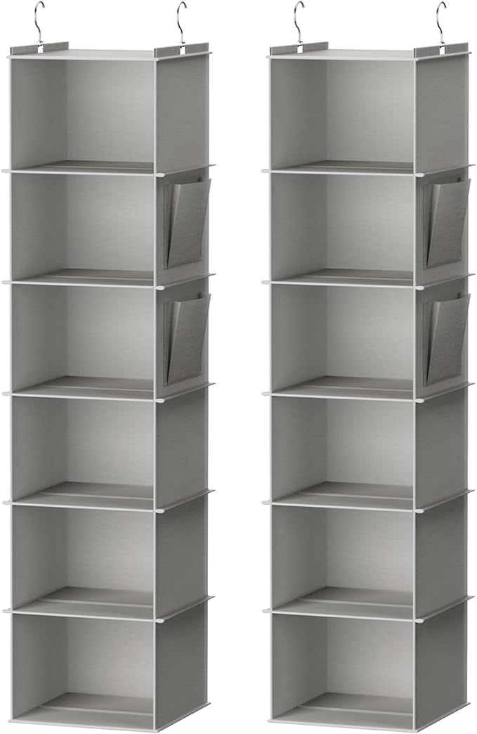 YOUDENOVA Hanging Closet Organizer, 6-Shelf Closet Hanging Storage Shelves, 2 Packs, Light Grey