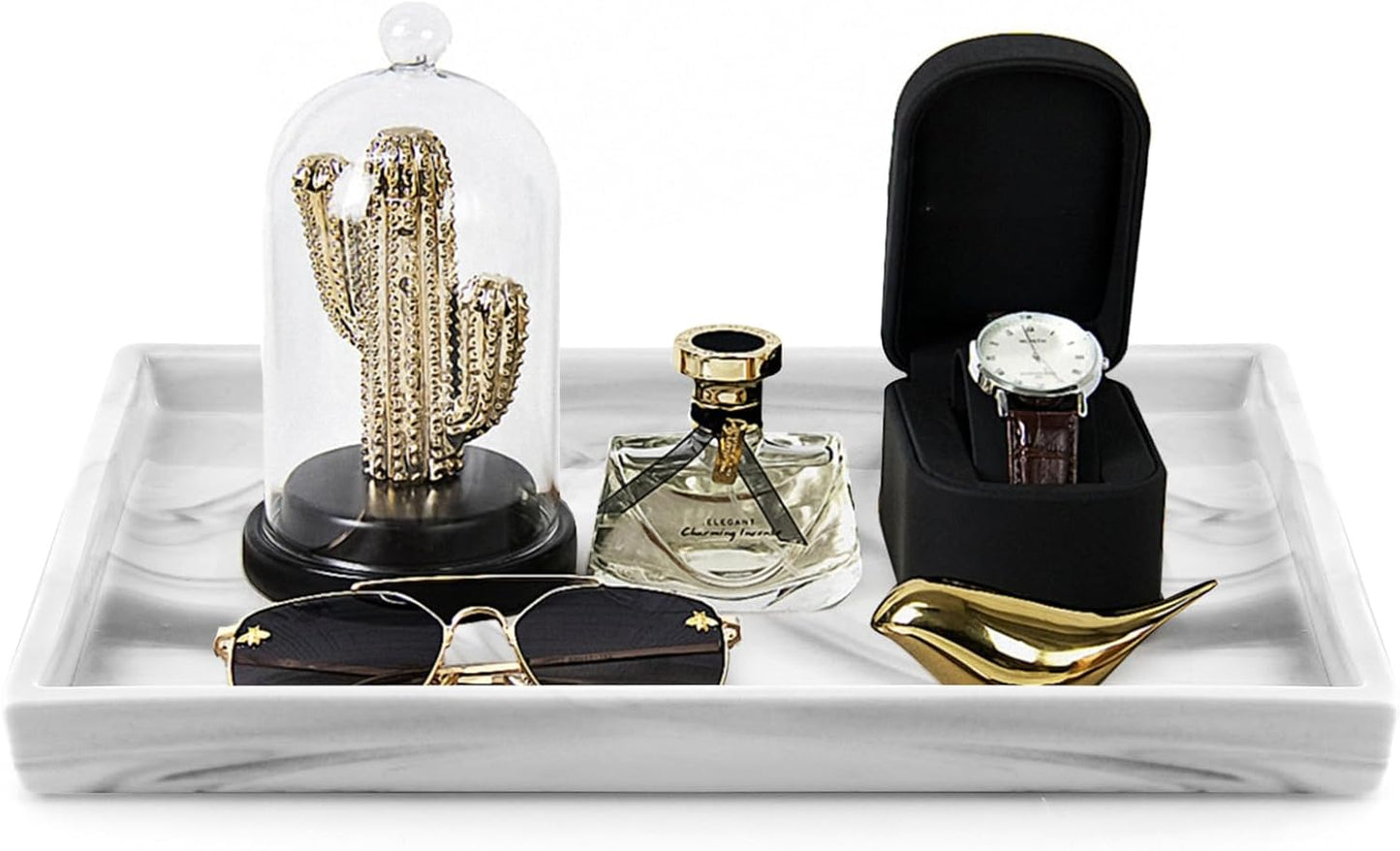 12" Large Ceramic Vanity Tray, Rectangle Perfume Plate Organizer, Jewelry Holder Dish, Non Slip Decorative Tray for Bathroom, Bedroom, Kitchen, Coffee Table (Marble Grey)