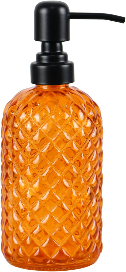12Oz Glass Soap Dispenser with 304 Black Rustproof Stainless-Steel Pump, Refillable Glass Soap Dispenser for Kitchen, Bathroom, Farmhouse (Orange)
