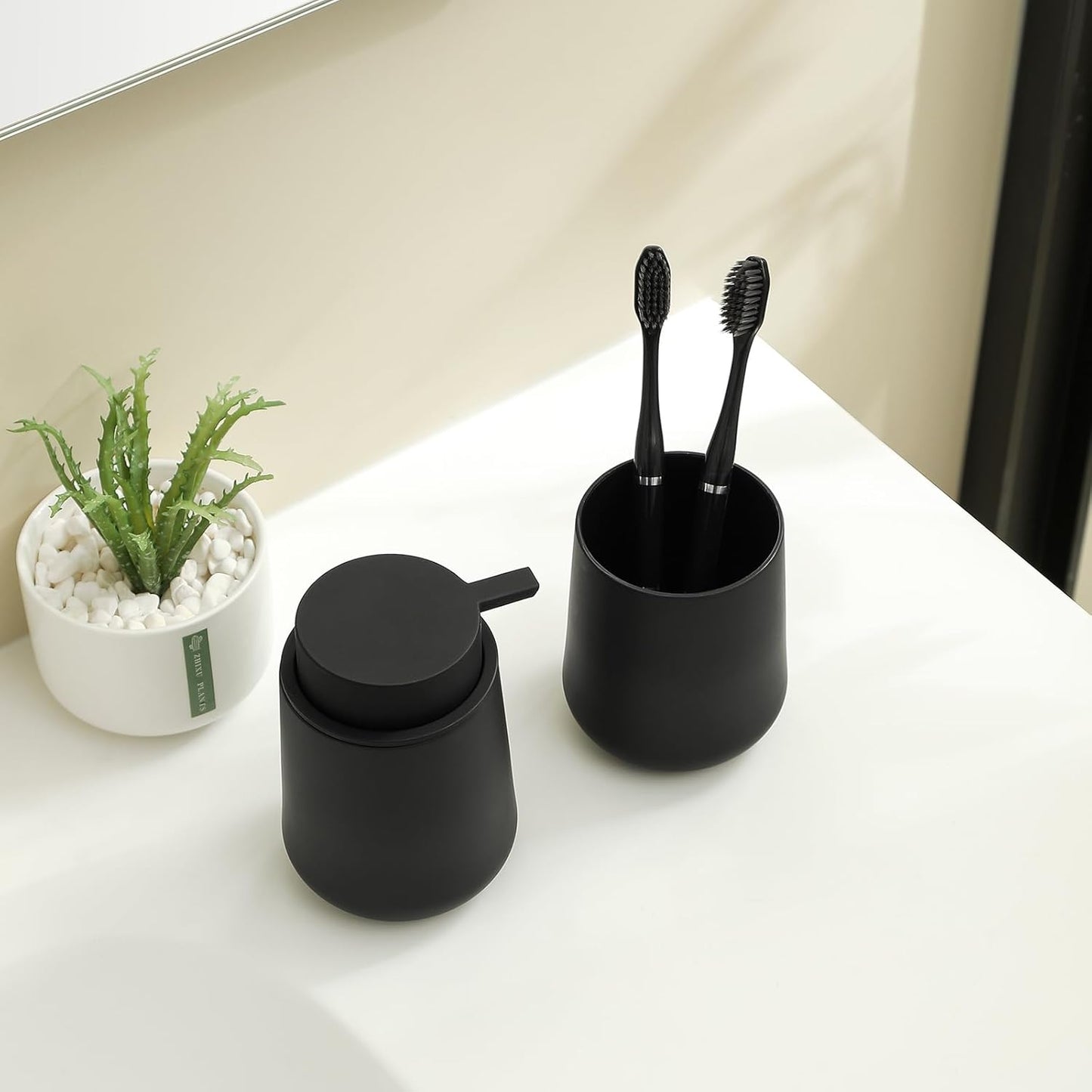 Matte Black Bathroom Accessories 2 Piece Set Plastic Soap Dispenser and Toothbrush Holder for Modern Bathroom Decor