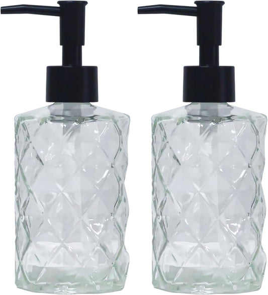Crystal Clear Glass Soap Dispenser with Black Pump, 2 Pack 12oz Diamond Hand Dispenser, Refillable Lotion Dispenser & Dish Soap Dispenser, Bathroom Soap Dispenser for Liquid, Shower Gel
