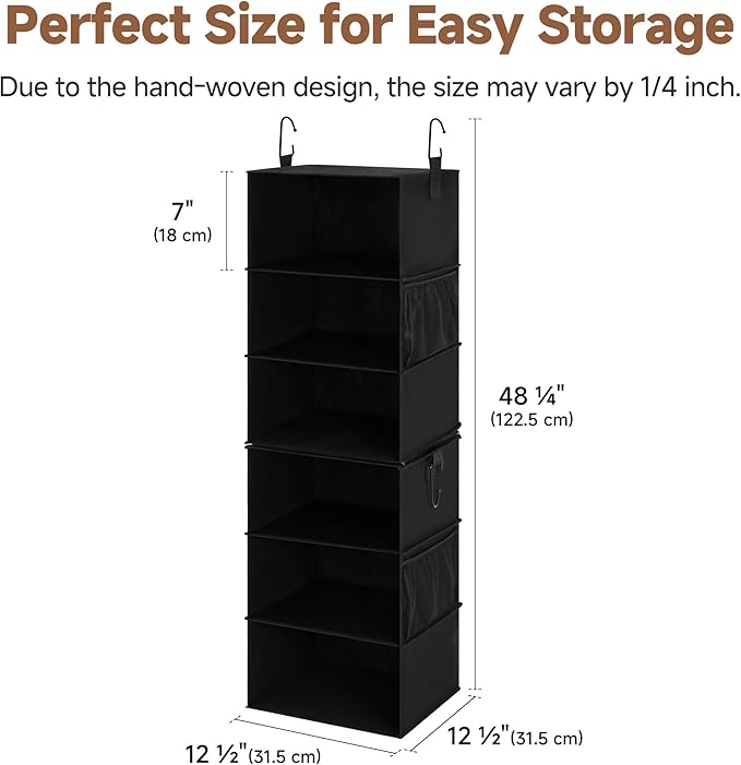 StorageWorks Hanging Closet Organizer 6-Shelf, Separable Two 3 Shelf Closet Storage Organizer with Side Pockets, Portable Hanging Shelves for Clothes, Sweater, Towels, 12" D x 12" W x 48¼"H, Black