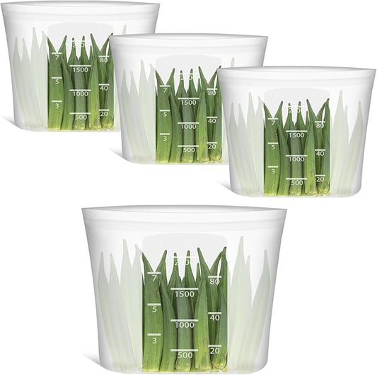 Reusable Food Storage Bags Half-Gallon, 4 Pack 100% Silicone Food Storage Bags Stand-Up Wide-Mouth Zip-Lock for Large Items, 67 fl.oz/2000 ml, Freezer Microwave Oven Dishwasher Safe, Translucent