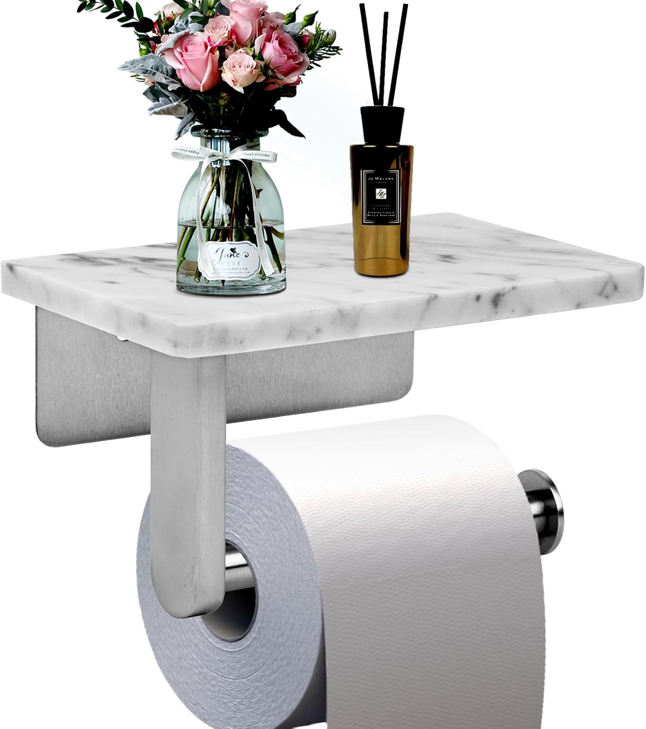 Toilet Paper Holder with Natural Marble Shelf for Bathroom Washroom,Wall Mounted Tissue Holder Suitable for Mega Roll (Brushed Nickel,Small 6.7 * 4.3 in)