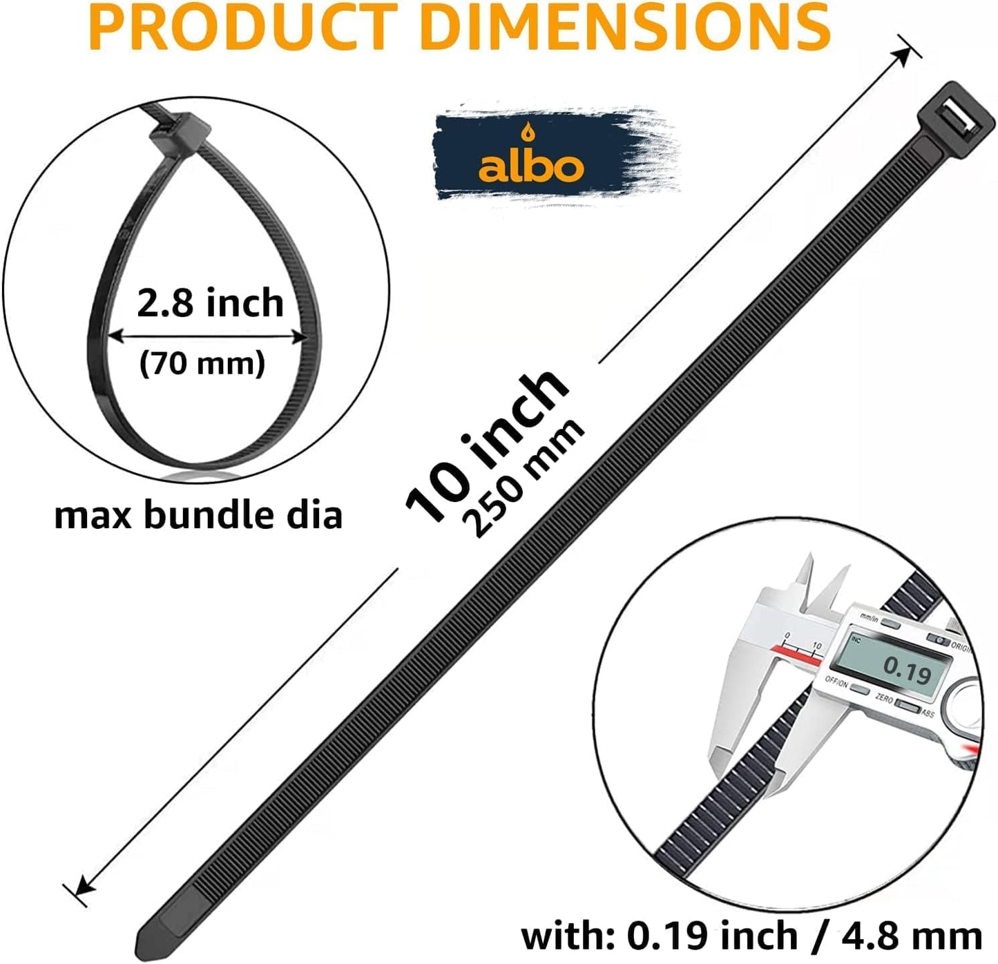 ALBO Zip Ties Black 10 Inch 100 Pack 50 lb, Long Plastic Cable Ties Thick 0.19 Inch Tie Wraps Heavy Duty UV Resistant Nylon Wire Ties for Indoor and Outdoor
