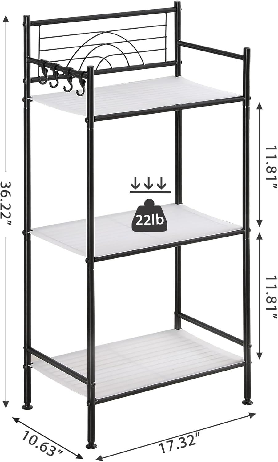 MallBoo 3-Tier Metal Freestanding Storage Shelf,Standing Bathroom Shelves with 3 x PP Shelf Liners and 4 x Hooks for Laundry Kitchen Office (Black)