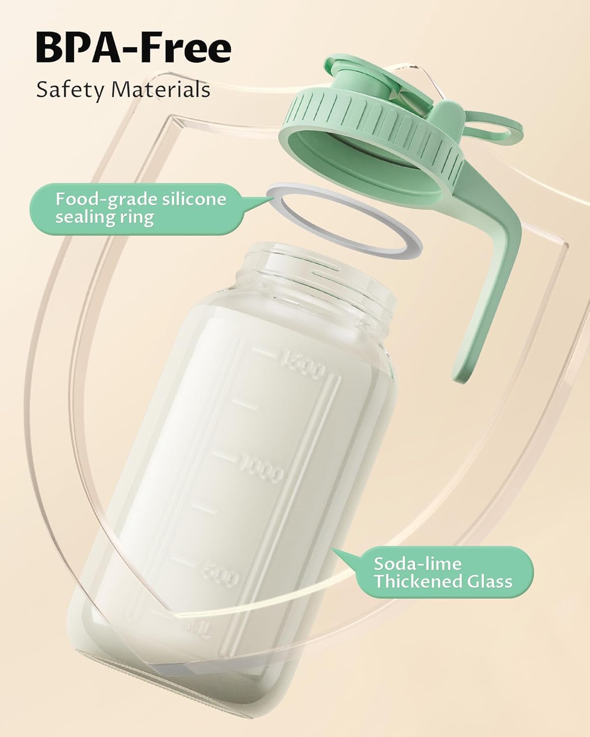 64oz Glass Breast Milk Pitcher with Lid & Pour Spout, 2 Quart Airtight Leakproof BreastMilk Fridge Storage Container - Wide Mouth, Dishwasher Safe Formula Pitcher with Handle