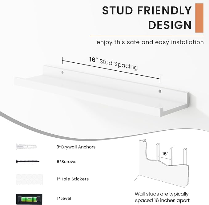 Floating Picture Ledge Shelves Set of 4, 24 Inch Shelves with Lip - Large Nursery Book Shelf for Toys Storage, Kids Bookshelf, Living Room, Bedroom Decor Frames