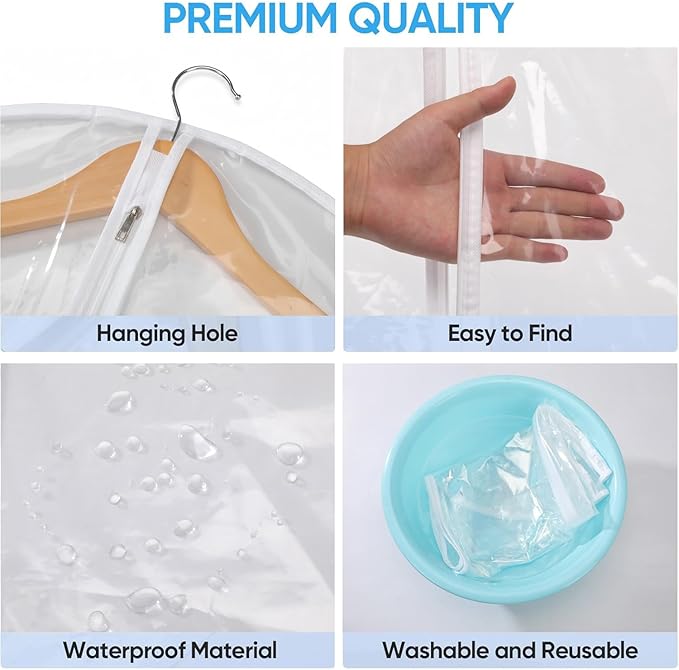 40” All Clear Garment Bags for Travel - PEVA Waterproof Suit Cover with Zipper for Hanging Clothes, Dresses, Coats - Durable Dresser for Closet Storage, Dustproof & Moisture Resistant - 40''/2 Pack
