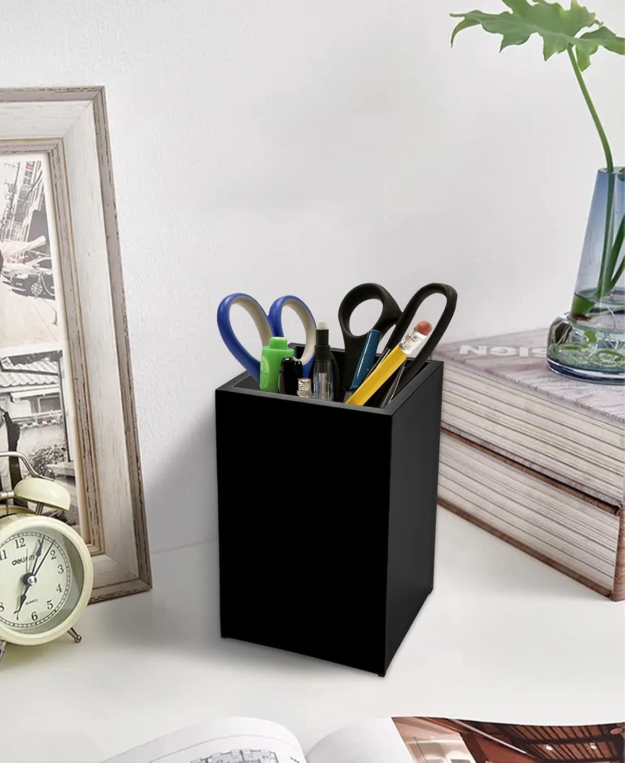 2 Pack Black Acrylic Pencil Pen Holder Cup,Desk Accessories Holder,Makeup Brush Storage Organizer,Modern Design Desktop Stationery Organizer for Office School Home Supplies,2.6x 2.6x 4 inches