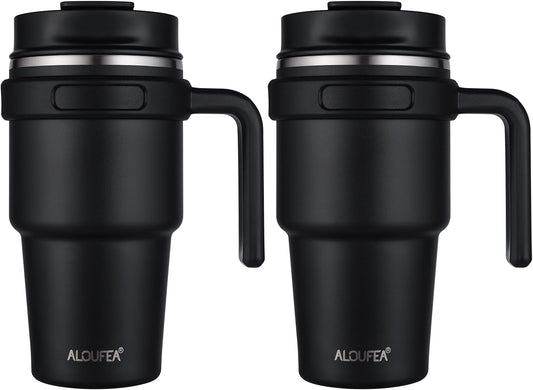 ALOUFEA 20 oz Insulated Coffee Mug Tumbler with Handle, Stainless Steel Travel Mug Tumbler with Lid and Straw,Double Wall Vacuum Leak Proof Ice Coffee Thermal Cup, Black