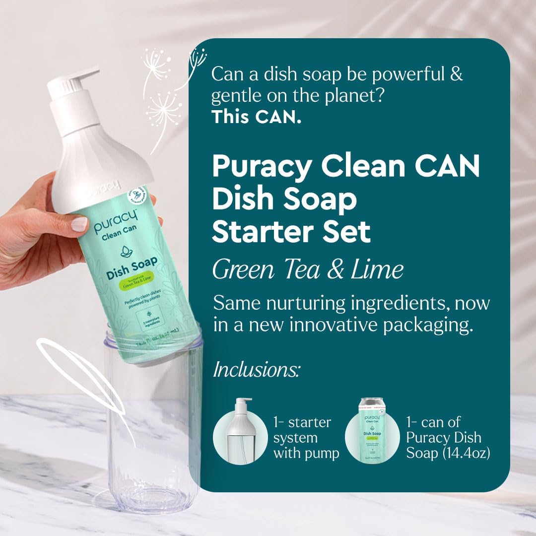 Puracy Natural Dish Soap Clean Can Starter Set - Plant-Based Dishwashing Soap, Non-Toxic Dish Soap, Natural Liquid Dishwashing Detergent Soap As Seen on TikTok (Green Tea & Lime, 14.4 fl oz)