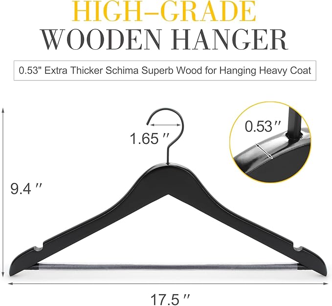TOPIA HANGER Premium Wooden Hangers, Luxury Boutique Wood Hangers with Extra Thick Hook and Non Slip Pants Bar, Heavy Duty Coat Hanger with Notches 16 Pack, Black -CT01B