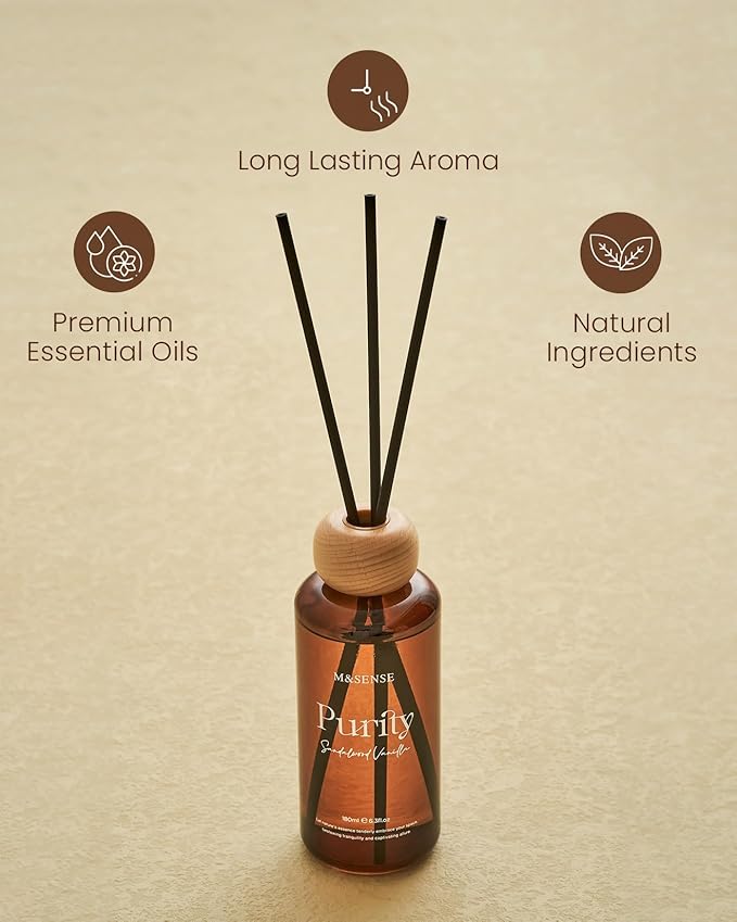 M&SENSE Sandalwood Vanilla Reed Diffuser Set: 6.3 fl oz Non-Toxic Aroma Set with Sticks, Light & Subtle Fragrance, Long-Lasting Natural Essential Oil Gifts for Bedroom, Shelf Decor & Small Spaces