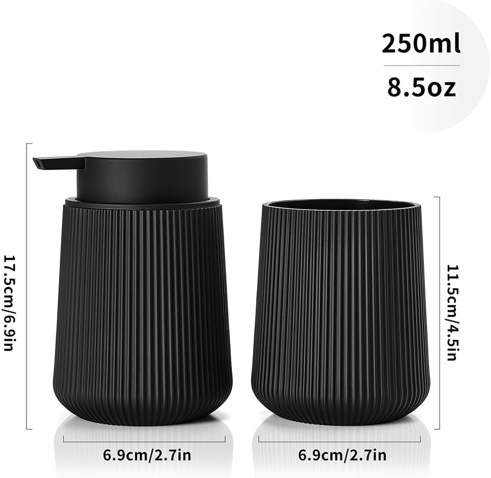 Bathroom Accessories 2 Piece Soap Dispenser and Toothbrush Holder Set Black Striped Round