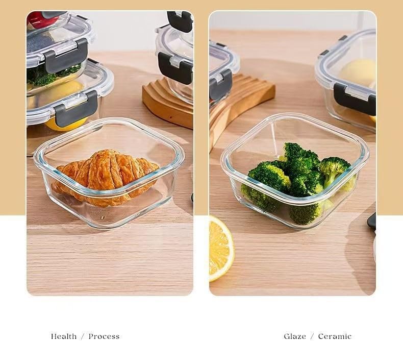 [6-piece set] Glass food preparation and storage containers with lids that provide a good seal. Glass lunch boxes that are microwave, oven, freezer, dishwasher safe. (square)