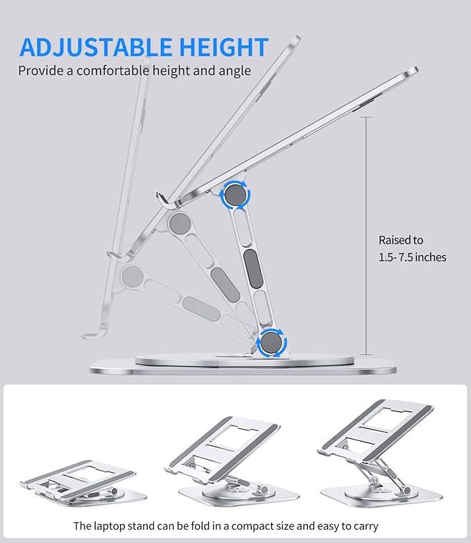 Adjustable Laptop Stand with 360 Rotating Base, Stable Computer Stand for Laptop Ergonimic Foldable Laptop Riser for Desk Compatible with MacBook Pro/Air Notebook up to 16 Inches, Silver