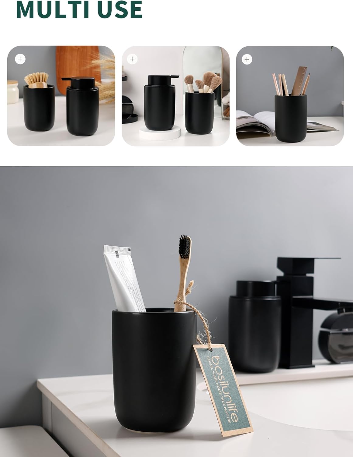 Bosilunlife Soap Dispenser and Toothbrush Holder Set - Dish Hand Soap Dispenser Bathroom Set Ceramic Bathroom Counter Soap Toothbrush Holder Set Black Bathroom Accessories Set