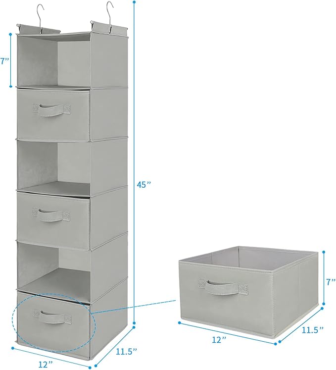MAX Houser 6 Tier Shelf Hanging Closet Organizer, Closet Hanging Shelf with 2 Sturdy Hooks for Storage, Foldable (Light Grey-D3)