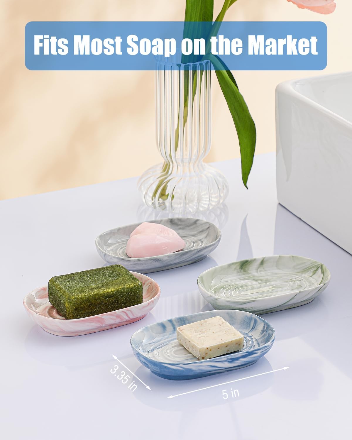 Fancy Ceramic Soap Dish, Decorative Soap Holder with Unique Marble Textures, Multi-Purpose Soap Bar Holder for Bathroom & Kitchen, Non-Slip & Waterproof (Green Texture)